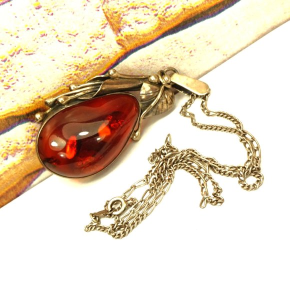 CALLA LILLY BIG AMBER and 925 SILVER PENDANT WITH 19 in STERLING CHAIN - Picture 8 of 10